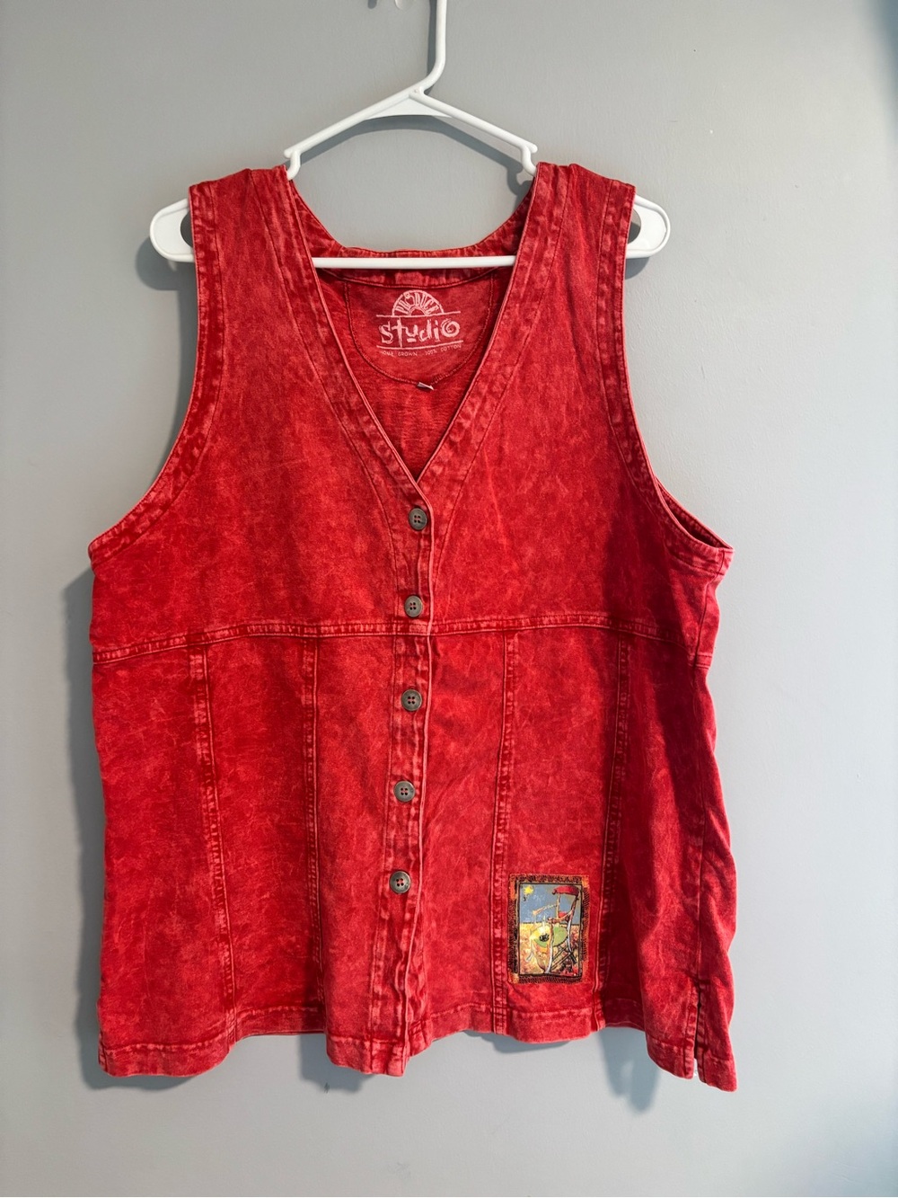 Studio Red Washed Button-Front Denim Vest